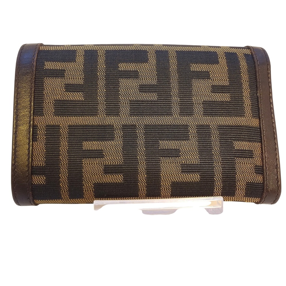 Fendi Zucca Compact Wallet Brown Canvas Leather Trim Bi Fold - Picture 2 of 9
